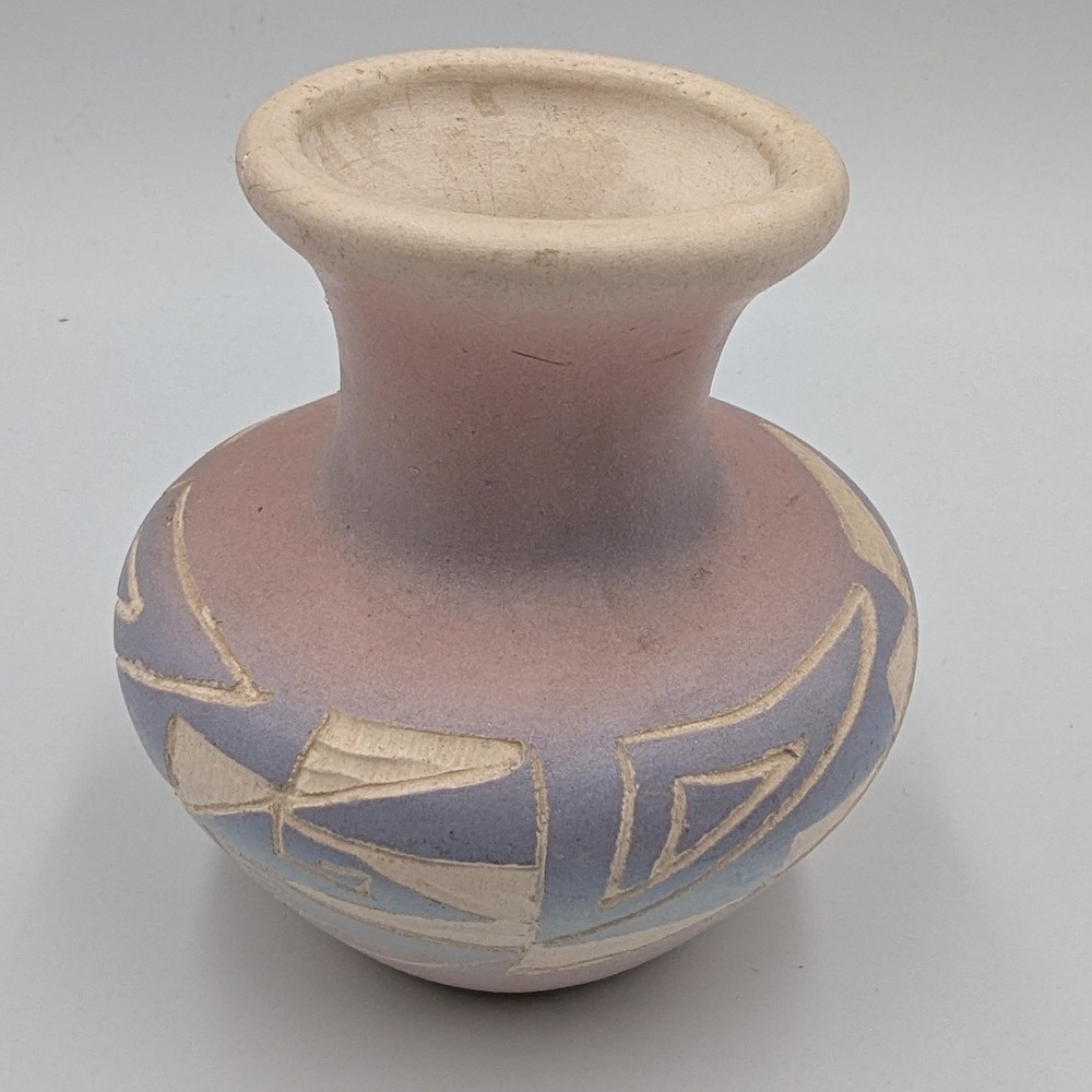 Navajo Pottery Vase Pink Blue Geometric Incised Vintage Small